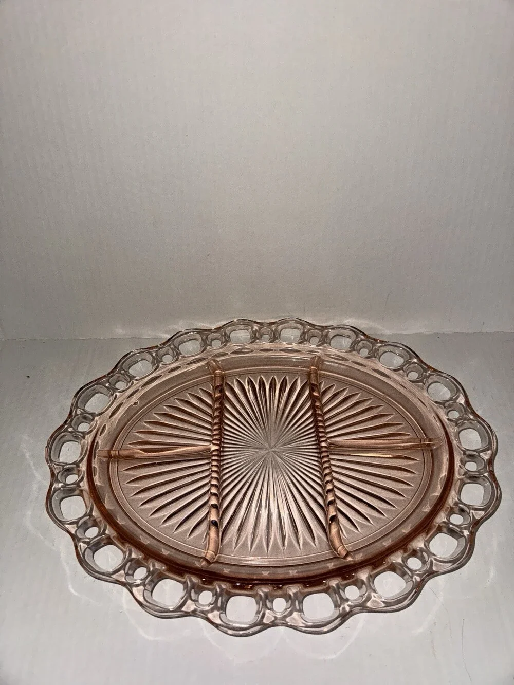 Vintage Pink Depression Glass Oval Relish Tray Lace Edge Divided Platter